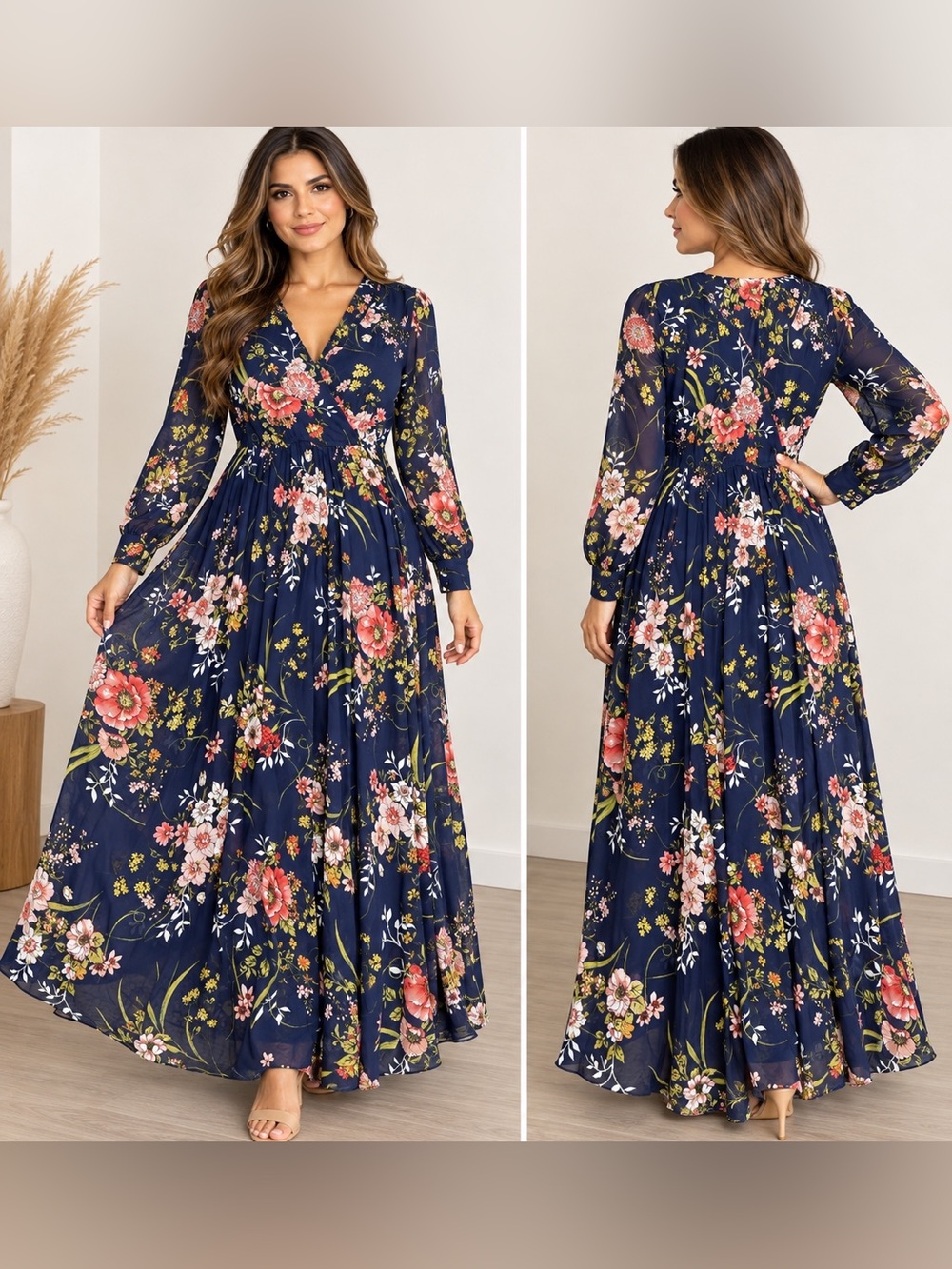Indigo Rose Women’s PL Petite Large Navy Floral Long Sleeve Maxi Dress